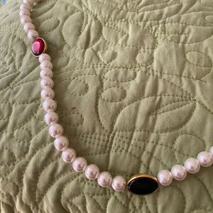Vintage Off White Chunky Faux Pearl Necklace Colorful Gemstones